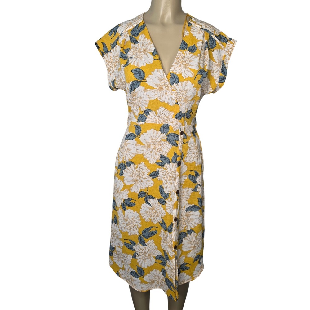 Monteau Dress Womens M Yellow Floral Faux Wrap Button Front Midi Summer Boho